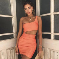 Mandotos slim one-shoulder short dress for women featuring a sexy hollow mini design, perfect for fashionable occasions.
