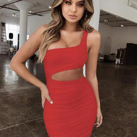 Mandotos slim one-shoulder short dress for women featuring a sexy hollow mini design, perfect for stylish evening wear.