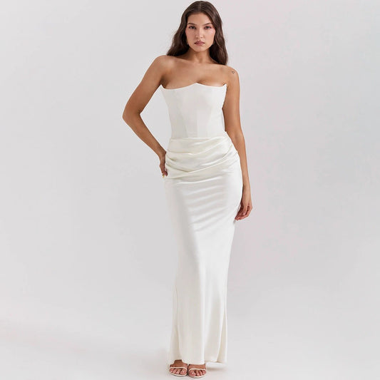 Mandotos slim tube top long dress for women, backless bandeau style, perfect for party and evening occasions.