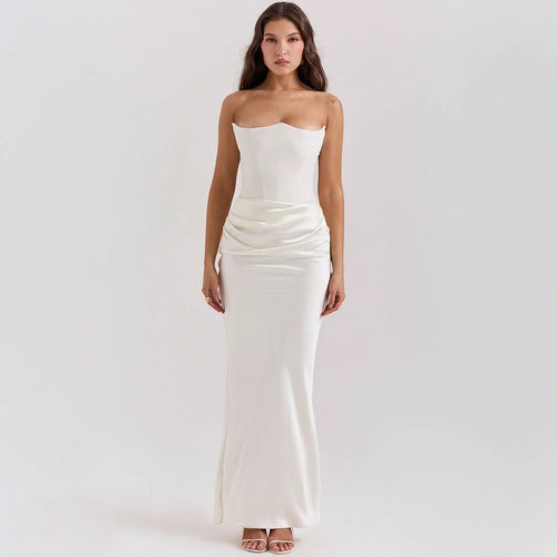 Mandotos slim tube top long dress for women, backless bandeau style, perfect for parties and evening events.