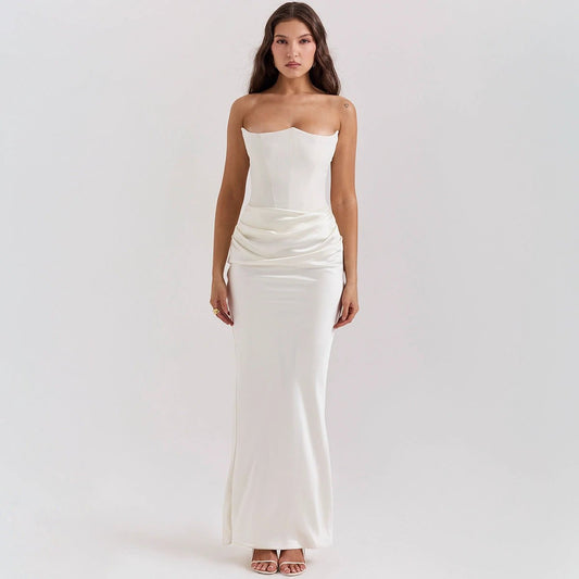 Mandotos slim tube top long dress for women, backless bandeau style, perfect for parties and evening events.