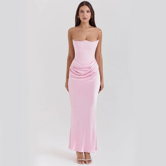 Mandotos slim tube top long dress for women, backless bandeau style, suitable for party and evening events.