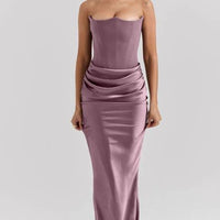 Mandotos slim tube top long dress for women, backless, bandeau style, perfect for evening parties and stylish occasions.