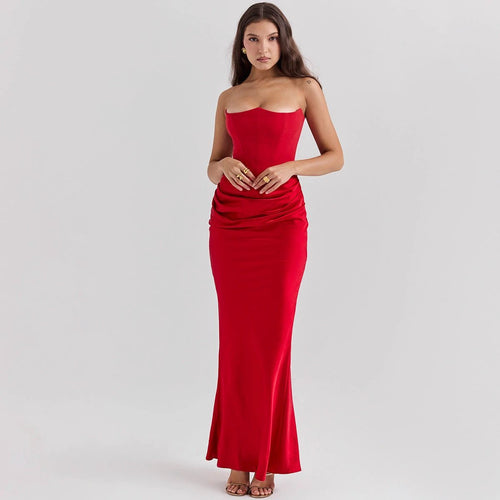 Mandotos slim tube top long dress, sexy backless bandeau evening gown for women, perfect for parties and special occasions.
