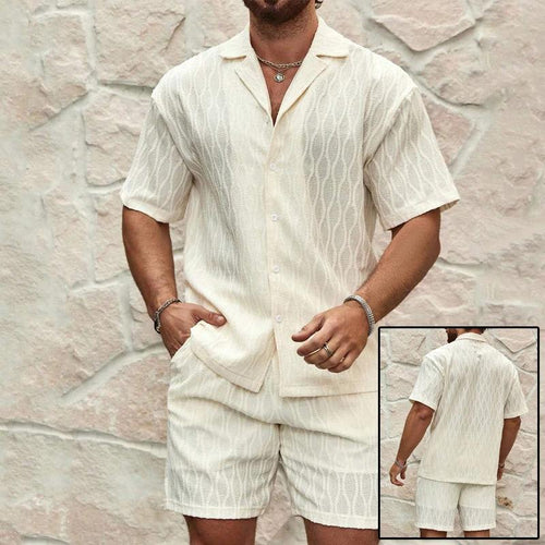 Mandotos men's summer tracksuit with relaxed fit lapel shirt and matching shorts, ideal for beach holidays, casual outdoor wear.