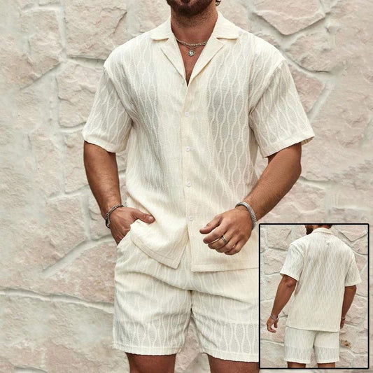 Mandotos men's summer tracksuit with relaxed fit lapel shirt and matching shorts, ideal for beach holidays, casual outdoor wear.