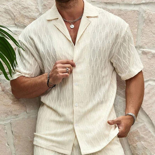 Mandotos men's summer tracksuit with relaxed fit lapel shirt and shorts, ideal for beach holidays, in light, breathable fabric.