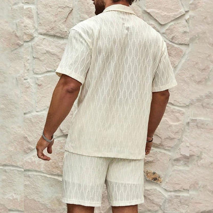 Mandotos men's summer tracksuit with relaxed fit lapel shirt and shorts, perfect for beach holidays, shown in the image.