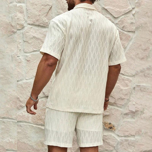 Mandotos men's summer tracksuit with relaxed fit lapel shirt and shorts, perfect for beach holidays, shown in the image.