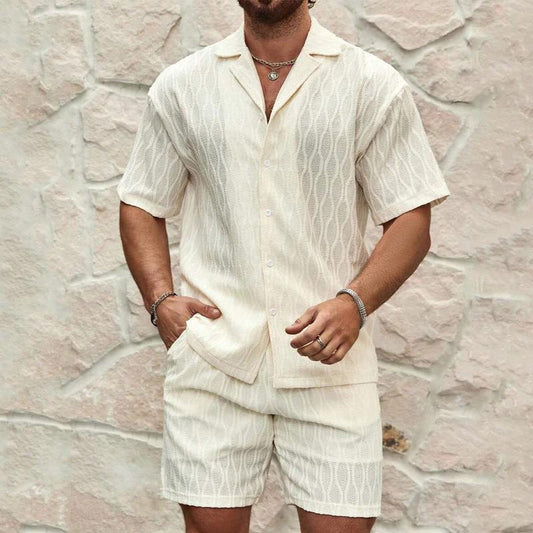 Mandotos men's summer tracksuit with relaxed-fit lapel shirt and shorts, ideal for beach holidays, casual and comfortable.