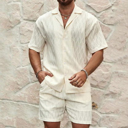 Mandotos men's summer tracksuit with relaxed-fit lapel shirt and shorts, ideal for beach holidays and casual wear.