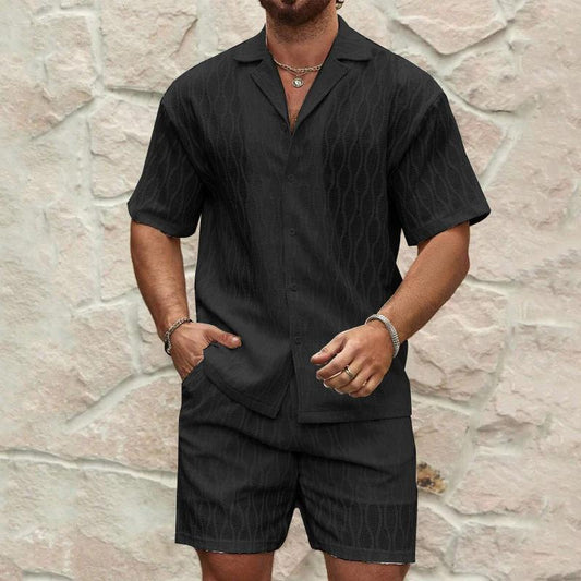 Mandotos men's summer tracksuit with relaxed-fit lapel shirt and shorts, ideal for beach holidays, shown in a casual style.