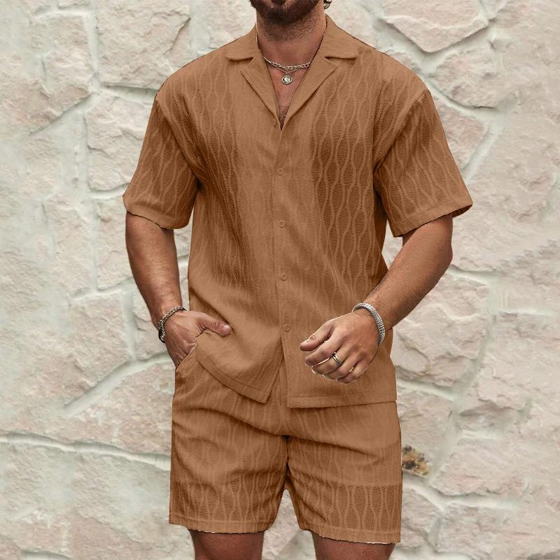 Mandotos men's summer tracksuit with relaxed fit lapel shirt and shorts, ideal for beach holidays and casual wear.