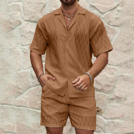 Mandotos men's summer tracksuit with relaxed fit lapel shirt and shorts, ideal for beach holidays and casual wear.
