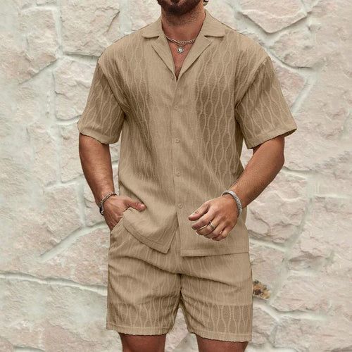 Mandotos men's summer tracksuit with relaxed fit lapel shirt and shorts, perfect for beach holidays and casual outdoor wear.