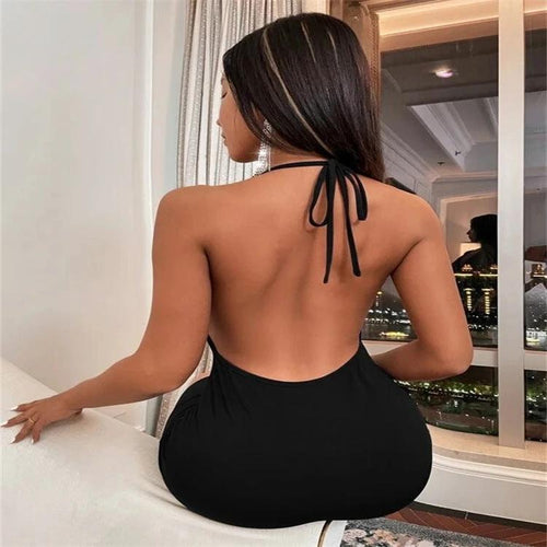 Mandotos summer deep V-neck backless halter dress for women, stylish sling design and elegant temperament for warm weather.