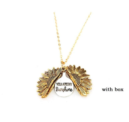 Mandotos sunflower double lettering necklace featuring a delicate chain and pendant with sunflower design on a white background