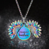 Mandotos sunflower double lettering necklace featuring gold chain and sunflower pendant, stylish jewelry accessory.
