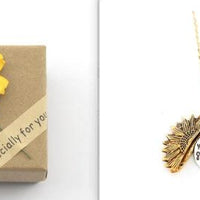 Mandotos sunflower double lettering necklace with gold chain and sunflower pendant, stylish jewelry accessory.
