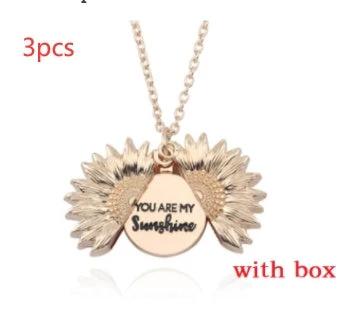 Mandotos sunflower double lettering necklace with gold chain and sunflower pendant, stylish jewelry for casual or elegant wear.
