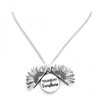 Mandotos sunflower double lettering necklace featuring a delicate chain and sunflower pendant with customizable initials.
