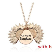 Mandotos sunflower double lettering necklace with gold chain and sunflower charm, stylish jewelry accessory for women.
