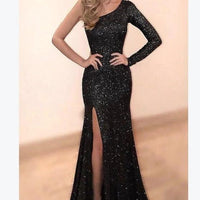 Mandotos women's long sleeve one-shoulder bronzing evening dress, stylish and elegant for special occasions.