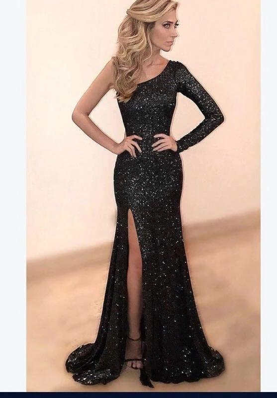 Mandotos women's long sleeve one-shoulder bronzing evening dress, stylish and elegant for special occasions.