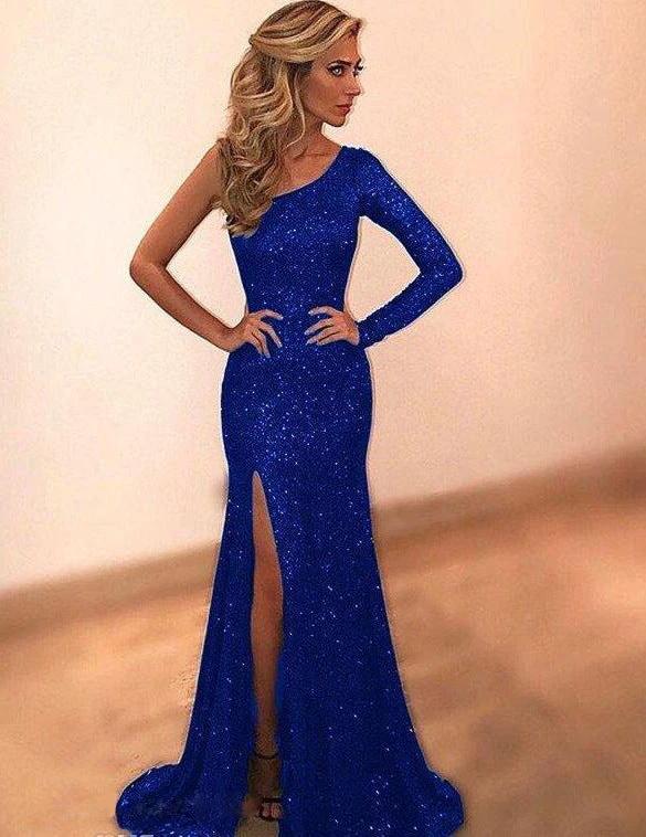 Mandotos women's long sleeve one-shoulder bronzing evening dress, elegant and stylish for special occasions.