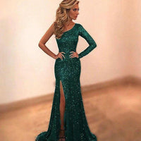 Mandotos women's long sleeve one-shoulder bronzing evening dress, stylish and elegant for evening wear.