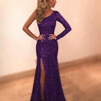 Mandotos women's long sleeve one-shoulder bronzing evening dress, stylish and elegant for special occasions.