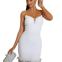 Mandotos tube top feather slit mid-length polyester evening dress displayed in elegant style