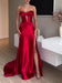 Red extra long evening dress by MANDOTOS featuring a tube top and side slit, perfect for formal occasions.