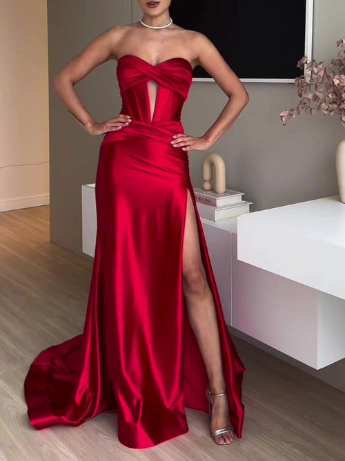 Red tube top slit evening dress by MANDOTOS, featuring an extra-long length and elegant design for formal occasions.