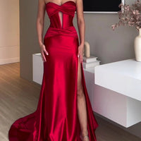 Red extra long tube top evening dress with slit by MANDOTOS, featuring a sleek, elegant design for formal occasions.