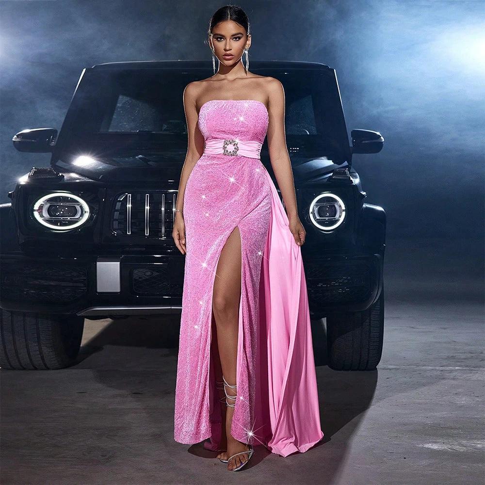 Velvet sequined cinched waist slim-fit tube top banquet dress by MANDOTOS, featuring a stylish design and elegant fit.