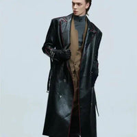 Mandotos wide shoulder fur coat with metal belt, long cut design, featuring a stylish and modern silhouette.