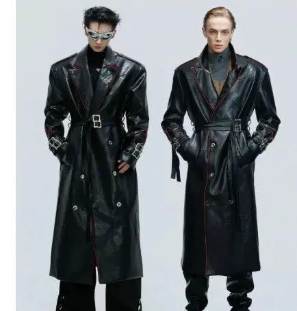 Mandotos wide shoulder fur coat with metal belt, long-cut design, featuring a stylish and warm winter outerwear silhouette.