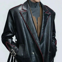 Mandotos wide shoulder fur long coat with metal belt at waist, featuring a stylish long-cut design and plush fur accents.
