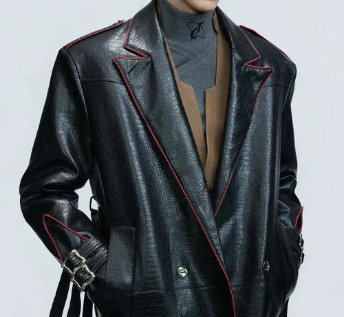 Mandotos wide shoulder fur long coat with metal belt at waist, featuring a stylish long-cut design and plush fur accents.