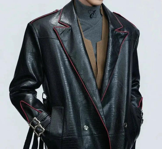Mandotos wide shoulder fur long coat with metal belt at waist, featuring a stylish long-cut design and plush fur accents.