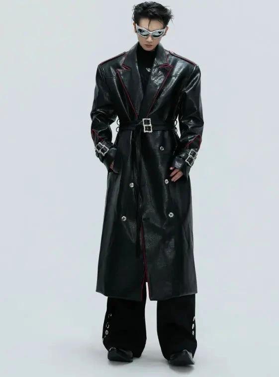 Mandotos wide shoulder fur coat with metal belt, long-cut design, featuring a stylish and warm winter outerwear look.