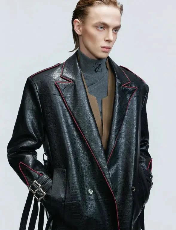 Mandotos wide shoulder fur coat with metal belt and long cut design, featuring a stylish silhouette and cozy fur details.