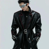 Mandotos wide shoulder long coat with fur collar, metal belt at waist, and a stylish long-cut design.