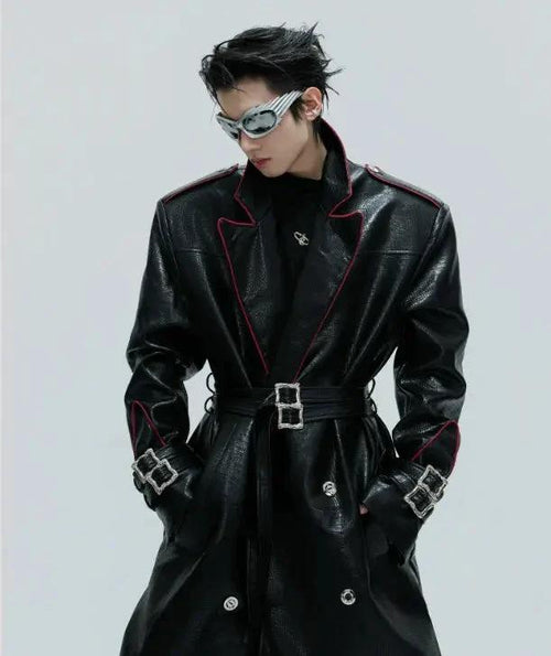 Mandotos wide shoulder long coat with fur collar, metal belt at waist, and a stylish long-cut design.