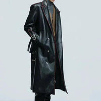 Mandotos wide shoulder fur coat with metal belt, waist-length, long-cut design, featuring plush fur details and stylish silhouette.