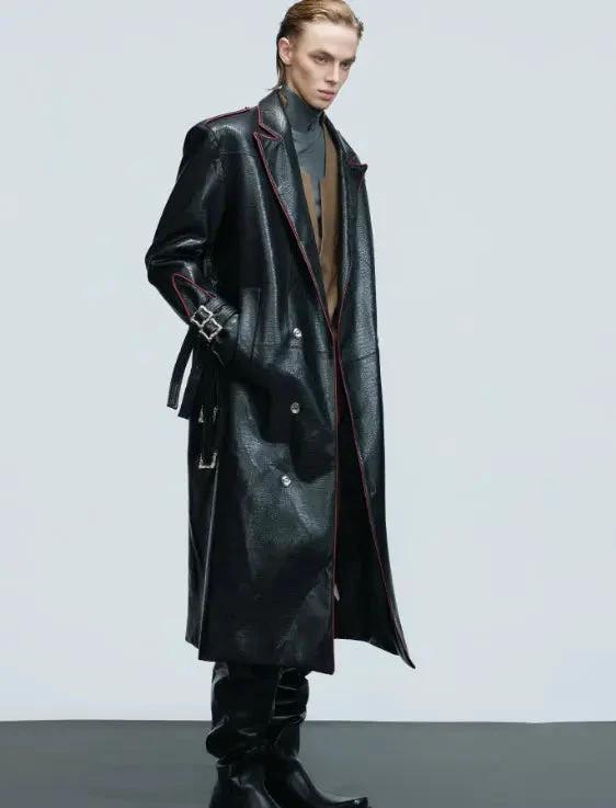 Mandotos wide shoulder fur coat with metal belt, waist-length, long-cut design, featuring plush fur details and stylish silhouette.