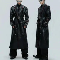 Mandotos wide shoulder fur coat with metal belt and long cut, featuring a stylish, warm design for winter wear.