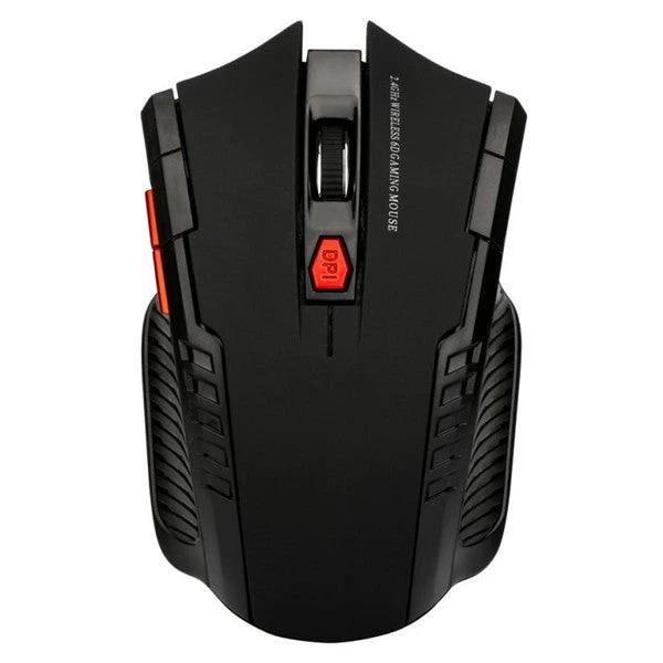Mandotos wireless mouse with ergonomic design, black body, and scroll wheel for smooth navigation on a desk.