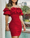 Women’s black off-shoulder ruched layered ruffles bodycon dress by MANDOTOS, featuring a fitted silhouette and elegant design.